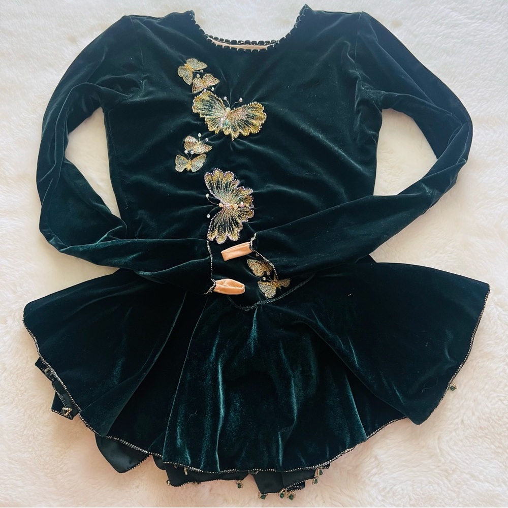 Girls Black Velvet Dance Dress with Butterfly Embroidery - Unbranded